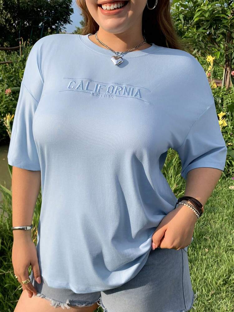 Plus Size Women's Letter Embroidery Drop Shoulder Tee Casual Loose Fit Short Sleeve Summer Top Fashionable Everyday Outfit For Ladies