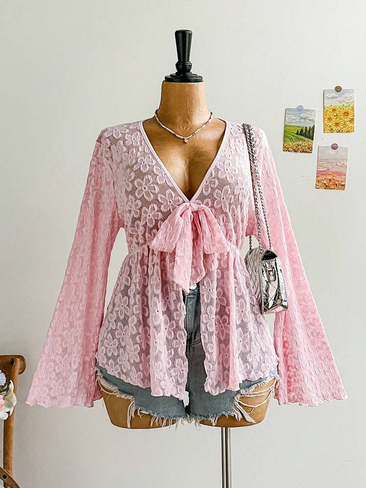 Plus Size Women's Floral Print Mesh Cardigan With Cinched Waist Bell Sleeve Casual Vacation Outfit Fall Winter Holiday Clothing Fashion