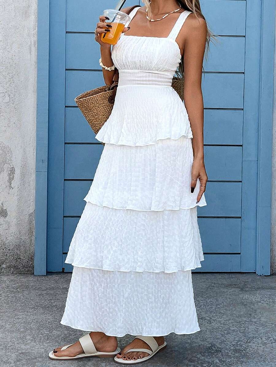 Plus Size Women's Solid Color Spaghetti Strap Ruffle Hem Dress Casual Vacation Style Wedding Guest Outfit Summer Elegant Fashion Wear