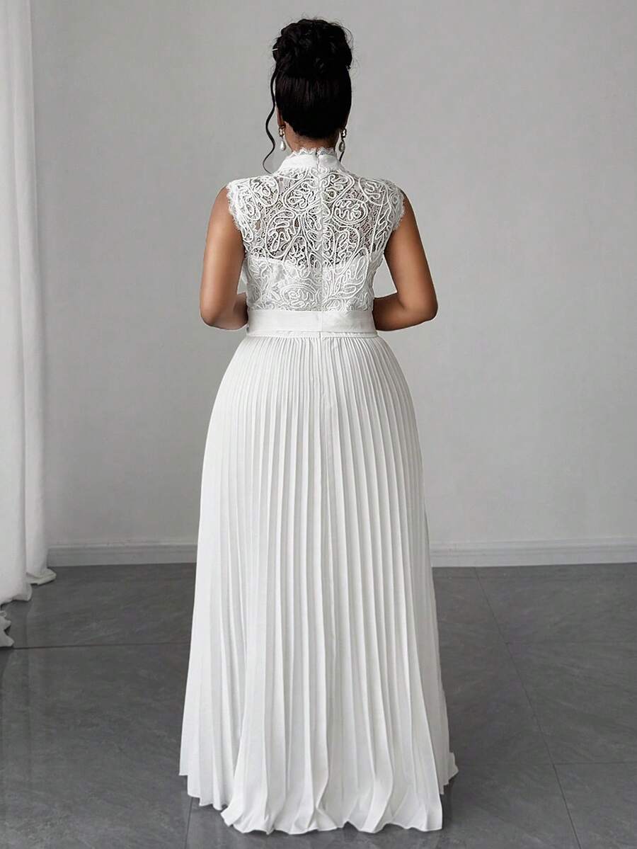 Plus Size Women's Contrast Lace Sleeveless Dress Pleated Hem Elegant Waist Casual Summer Evening Party Wear Clothing Vacation Style