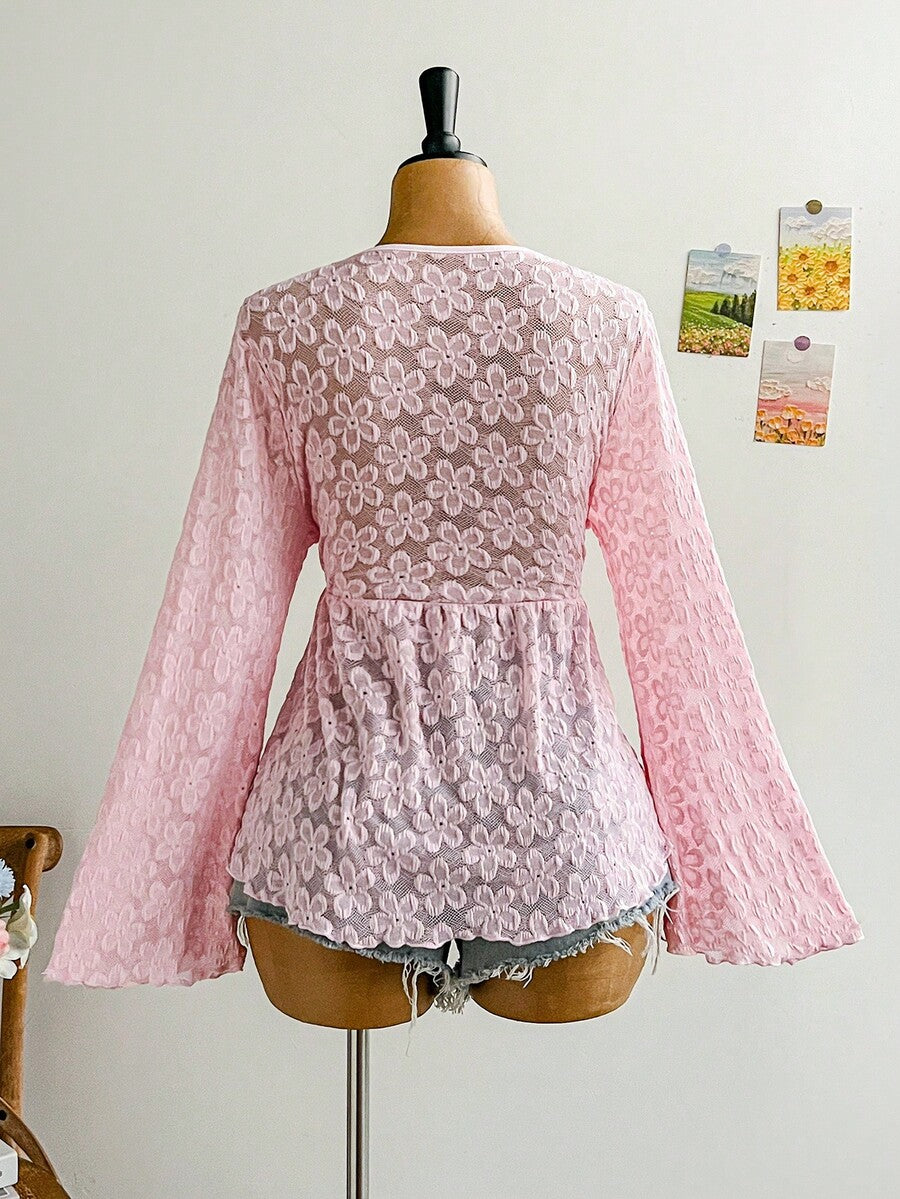 Plus Size Women's Floral Print Mesh Cardigan With Cinched Waist Bell Sleeve Casual Vacation Outfit Fall Winter Holiday Clothing Fashion