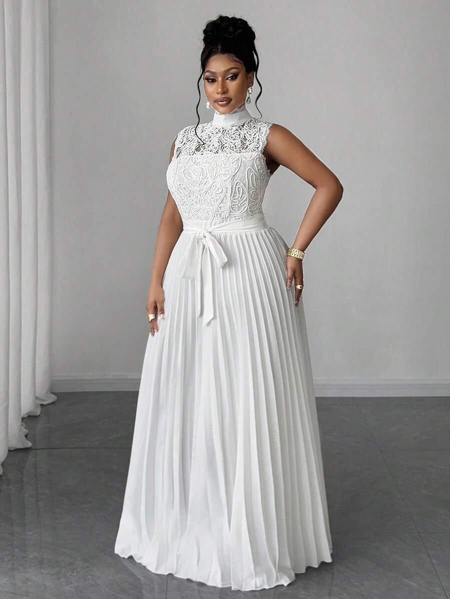 Plus Size Women's Contrast Lace Sleeveless Dress Pleated Hem Elegant Waist Casual Summer Evening Party Wear Clothing Vacation Style