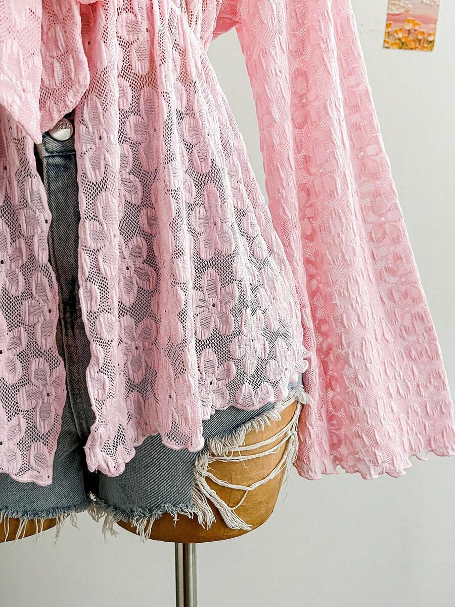 Plus Size Women's Floral Print Mesh Cardigan With Cinched Waist Bell Sleeve Casual Vacation Outfit Fall Winter Holiday Clothing Fashion