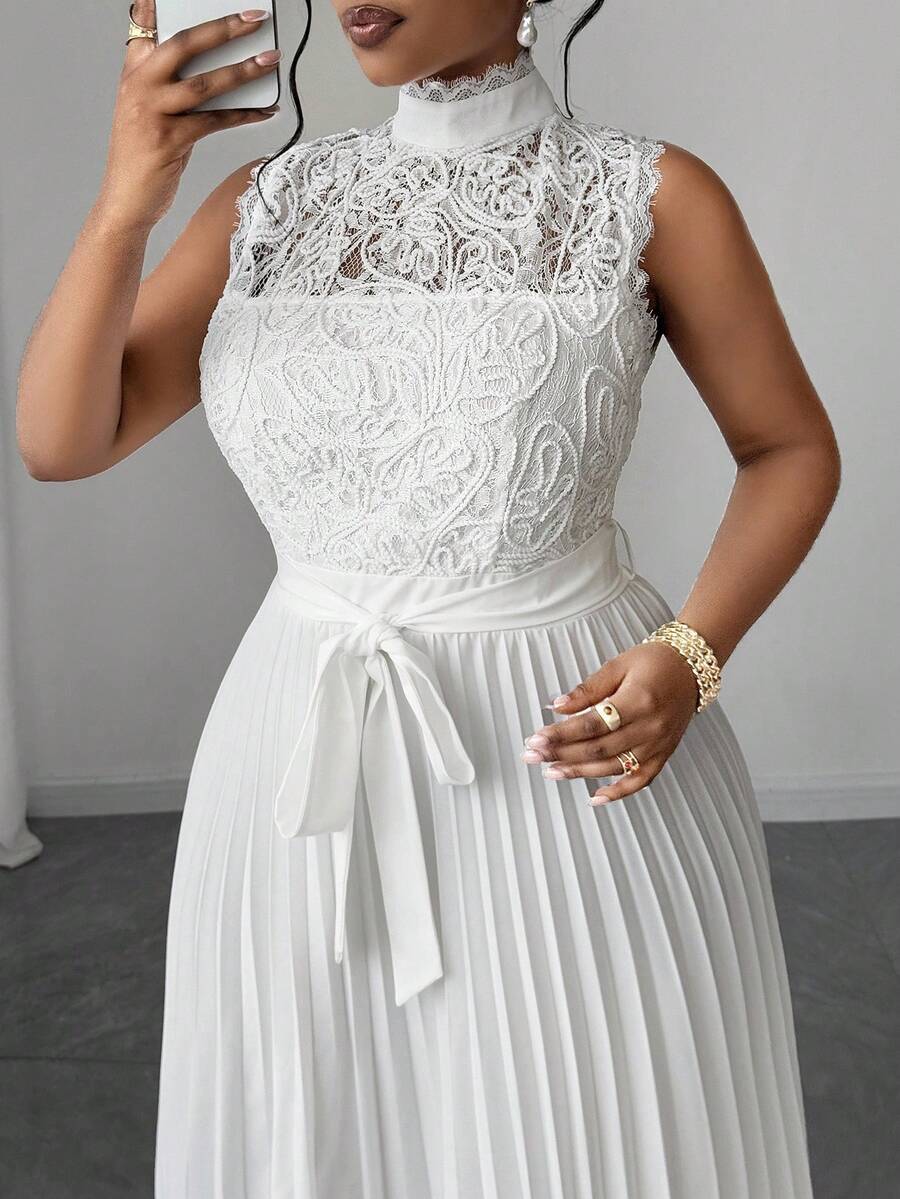 Plus Size Women's Contrast Lace Sleeveless Dress Pleated Hem Elegant Waist Casual Summer Evening Party Wear Clothing Vacation Style