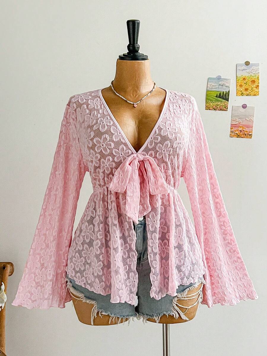 Plus Size Women's Floral Print Mesh Cardigan With Cinched Waist Bell Sleeve Casual Vacation Outfit Fall Winter Holiday Clothing Fashion