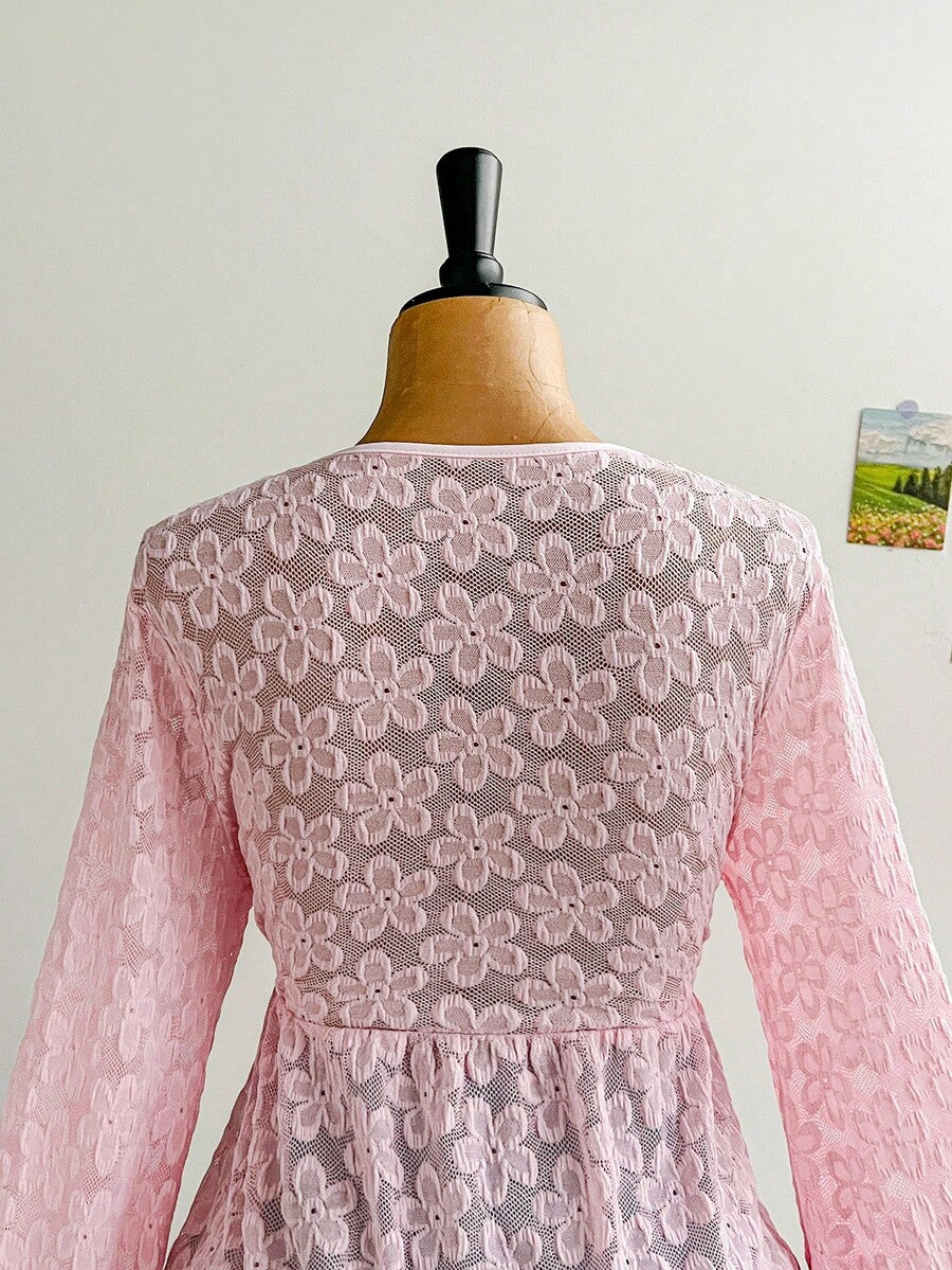 Plus Size Women's Floral Print Mesh Cardigan With Cinched Waist Bell Sleeve Casual Vacation Outfit Fall Winter Holiday Clothing Fashion