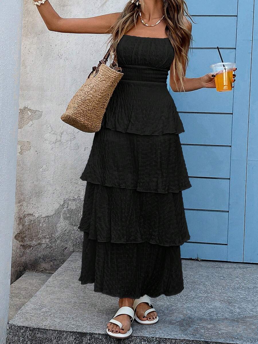 Plus Size Women's Solid Color Spaghetti Strap Ruffle Hem Dress Casual Vacation Style Wedding Guest Outfit Summer Elegant Fashion Wear