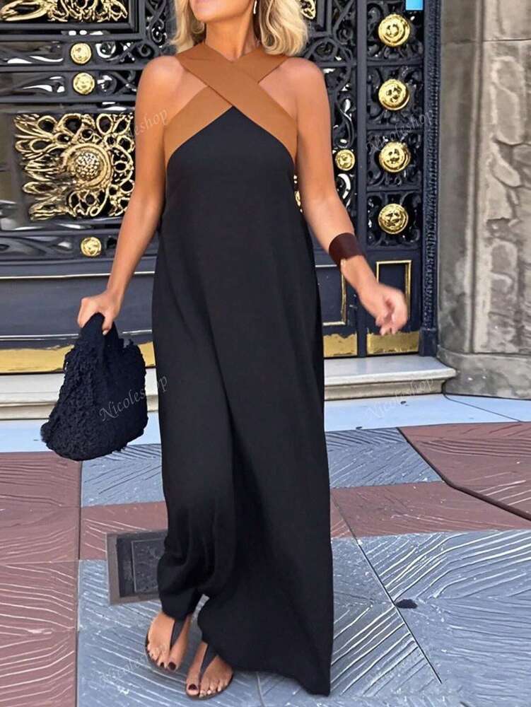 Plus Size Women's Color Block Maxi Dress Sleeveless V Neck Elegant Style Casual Daily Commute Beach Vacation Party Wear Clothing Outfit