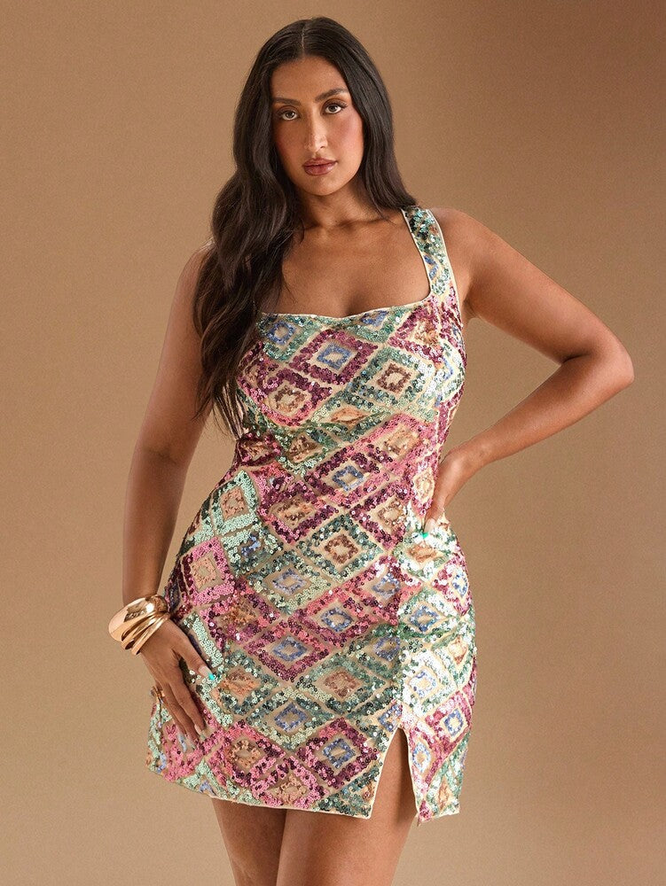 Plus Size Women's Sequin Mini Dress Scoop Neck Sleeveless Slim Fit Elegant Sparkling Evening Party Clubwear Birthday Wedding Guest Outfit