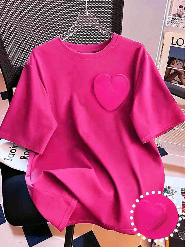 Plus Size Women's Handmade 3D Heart Decor Round Neck Loose Fit T Shirt Cute Summer Casual Top Comfortable Fashion Daily Wear Clothing