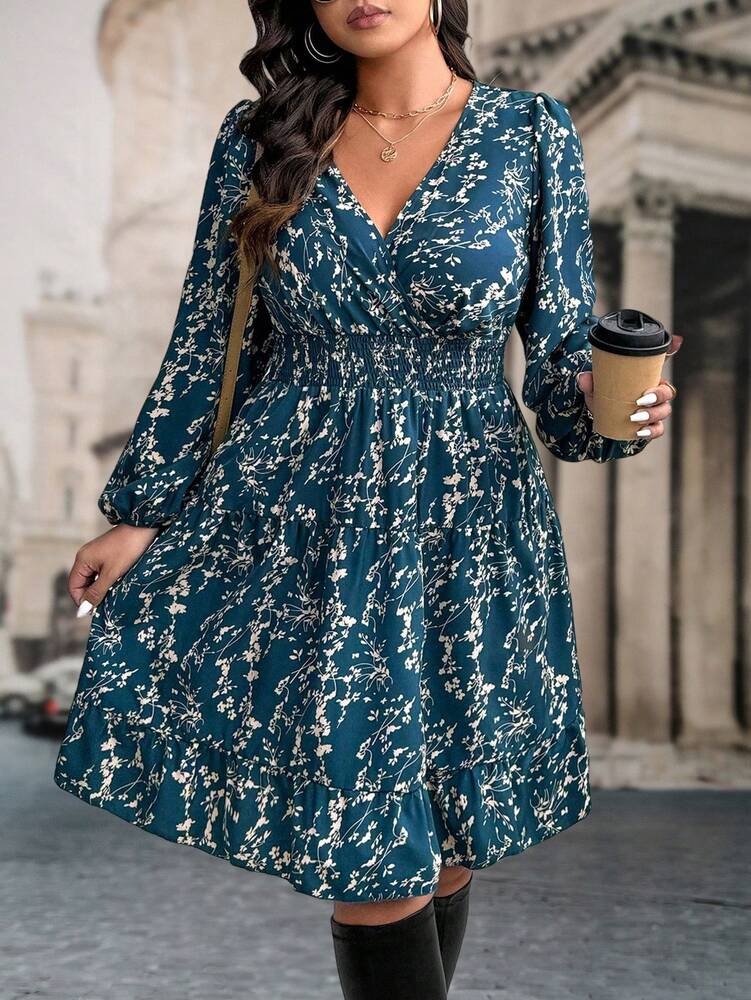 Plus Size Women's Floral Print Long Sleeve Ruffle Hem Dress Casual Autumn Fashion Outfit Comfortable Elegant Clothing For Fall Winter