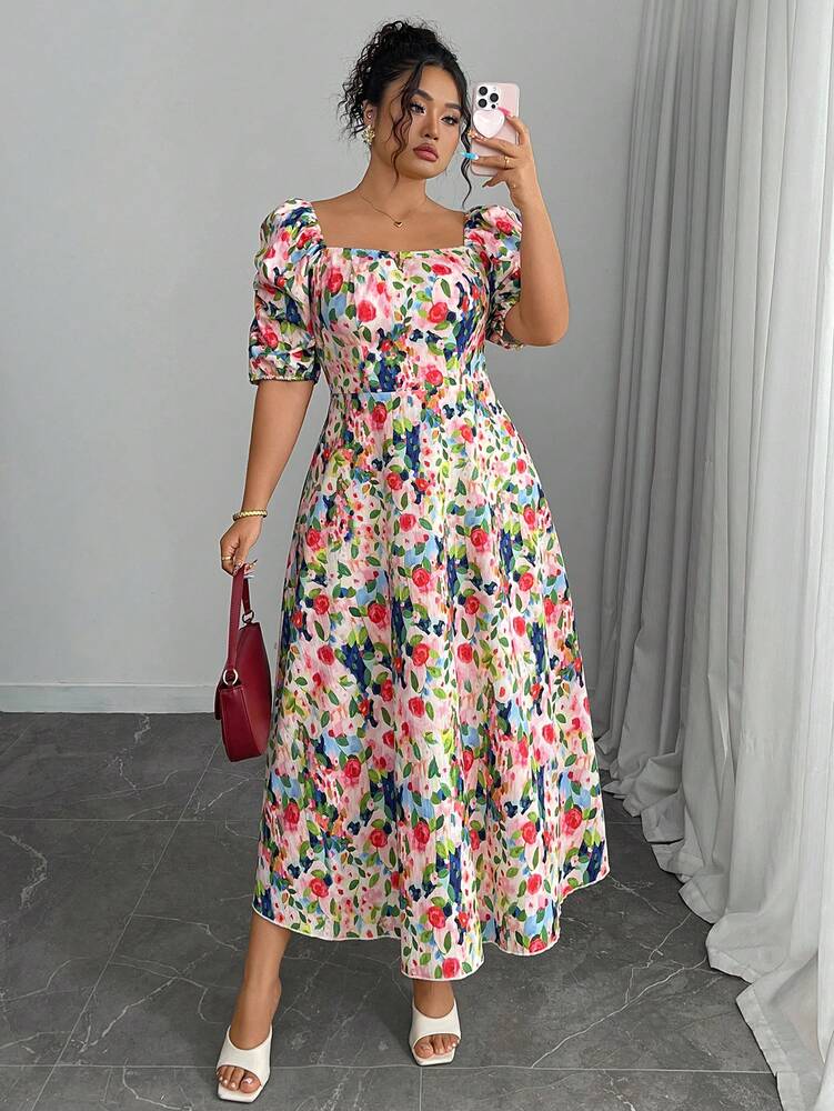 Plus Size Women's Printed A Line Dress Square Neck Puff Sleeve Ruched Hem Casual Elegant Style Comfortable Fashion Summer Outfit