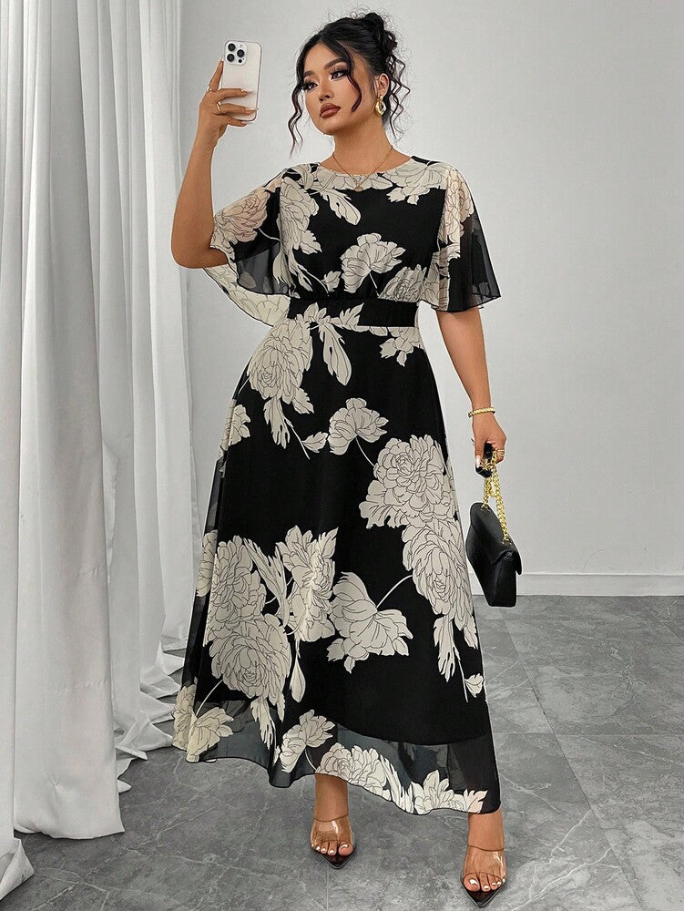 Plus Size Women's Elegant Chiffon Maxi Dress Round Neck Ruffle Flare Sleeve Fitted Flowy Style Fashion Spring Summer Evening Outfit