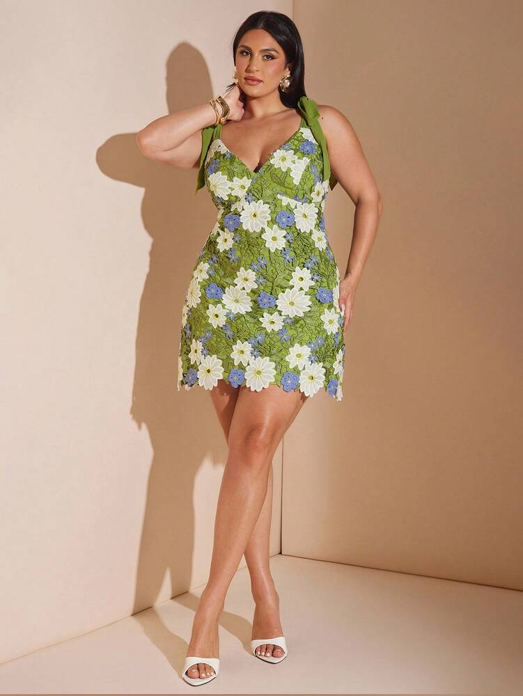 Plus Size Women's Green Floral Embroidered Lace Mini Dress Sleeveless Shoulder Strap Romantic Elegant Outfit Wedding Vacation Summer Wear