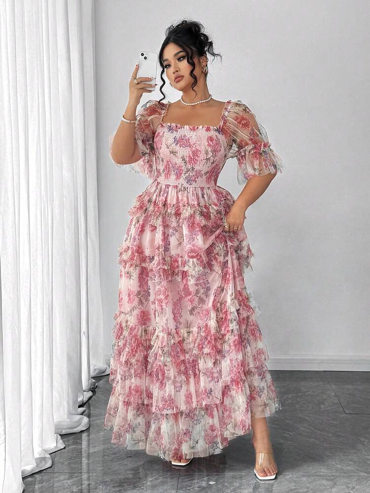 Plus Size Women's Romantic Floral Mesh Inlay Knitted Dress Elegant Sundress Casual Cocktail Party Birthday Spring Break Fashion Outfit