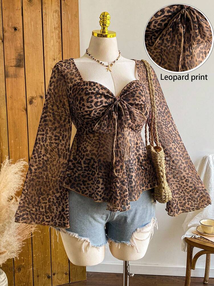 Plus Size Women's Vintage Leopard Print Puff Sleeve Crew Neck Top Casual Autumn Winter Fashion Blouse Comfortable Fall Clothing Outfit