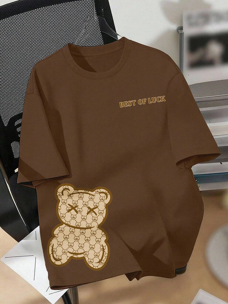 Plus Size Women's Brown Short Sleeve Round Neck T Shirt With Cute Sexy Printed Pattern Casual Fashion Comfortable Home Wear Summer Top