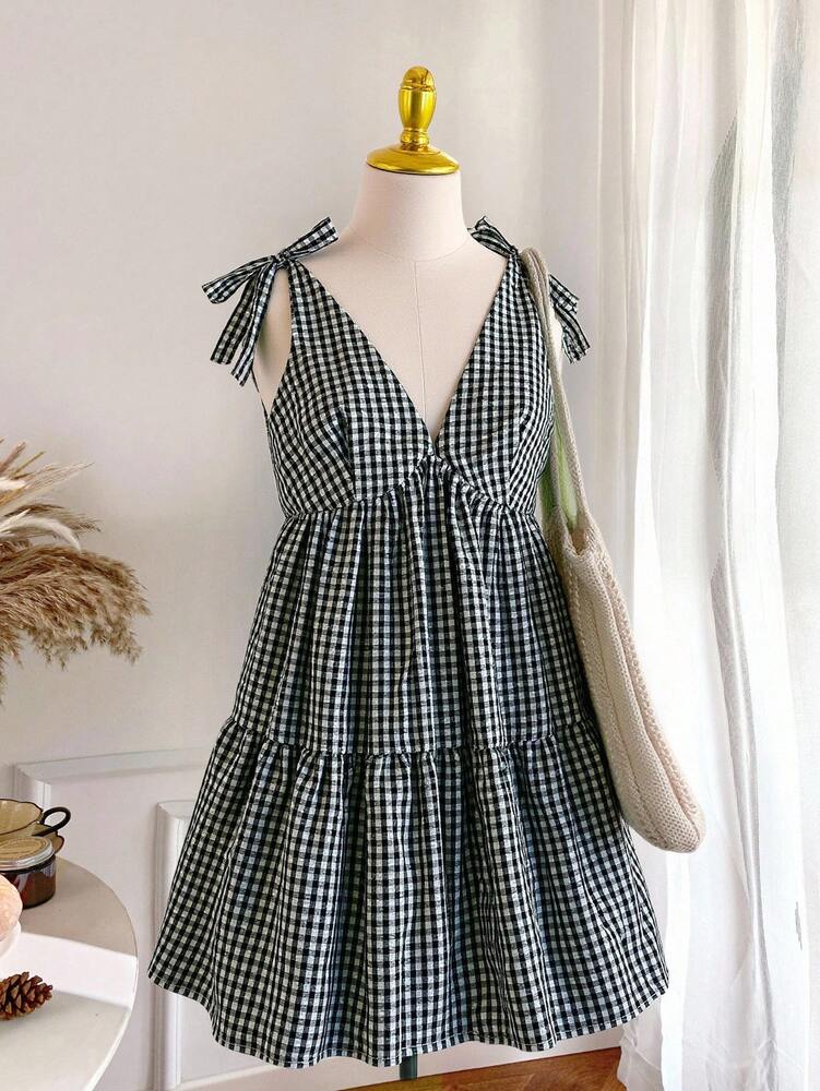 Plus Size Women's Black White Plaid V Neck Tie Front Casual Dress Babydoll Style Vacation Country Concert Work Teacher Office Outfit
