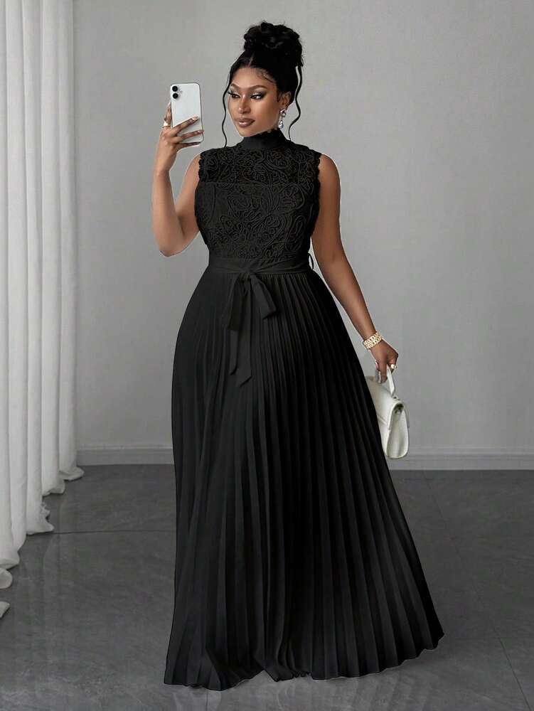 Plus Size Women's Contrast Lace Sleeveless Dress Pleated Hem Elegant Waist Casual Summer Evening Party Wear Clothing Vacation Style
