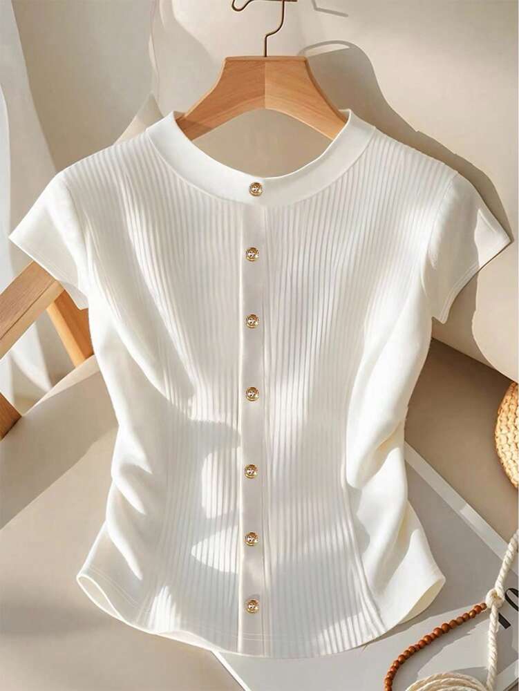 Plus Size Women's Solid Color Button Front Ruffle Hem Short Sleeve T Shirt Casual Summer Blouse Comfortable Fashion Outfit For Ladies