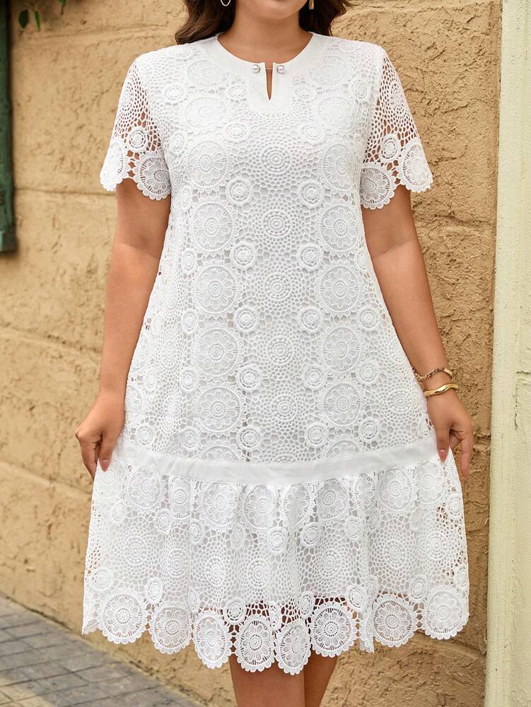 Plus Size Women's Lace Ruffle Hem A Line Dress Round Neck Short Sleeve Elegant Formal Gown Party Prom Wedding Guest Outfit Vacation Wear