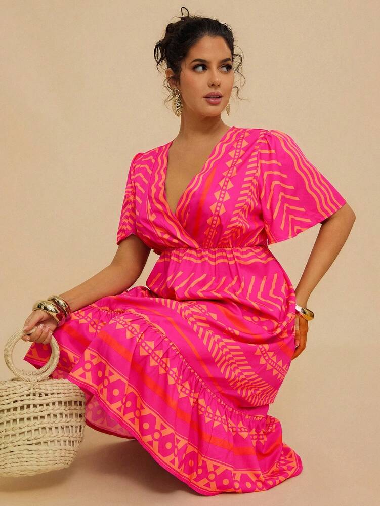 Plus Size Women's Striped Rose Red V Neck Midi Dress Ruched Waist A Line Casual Vacation Resort Wear Boho Chic Summer Holiday Outfit