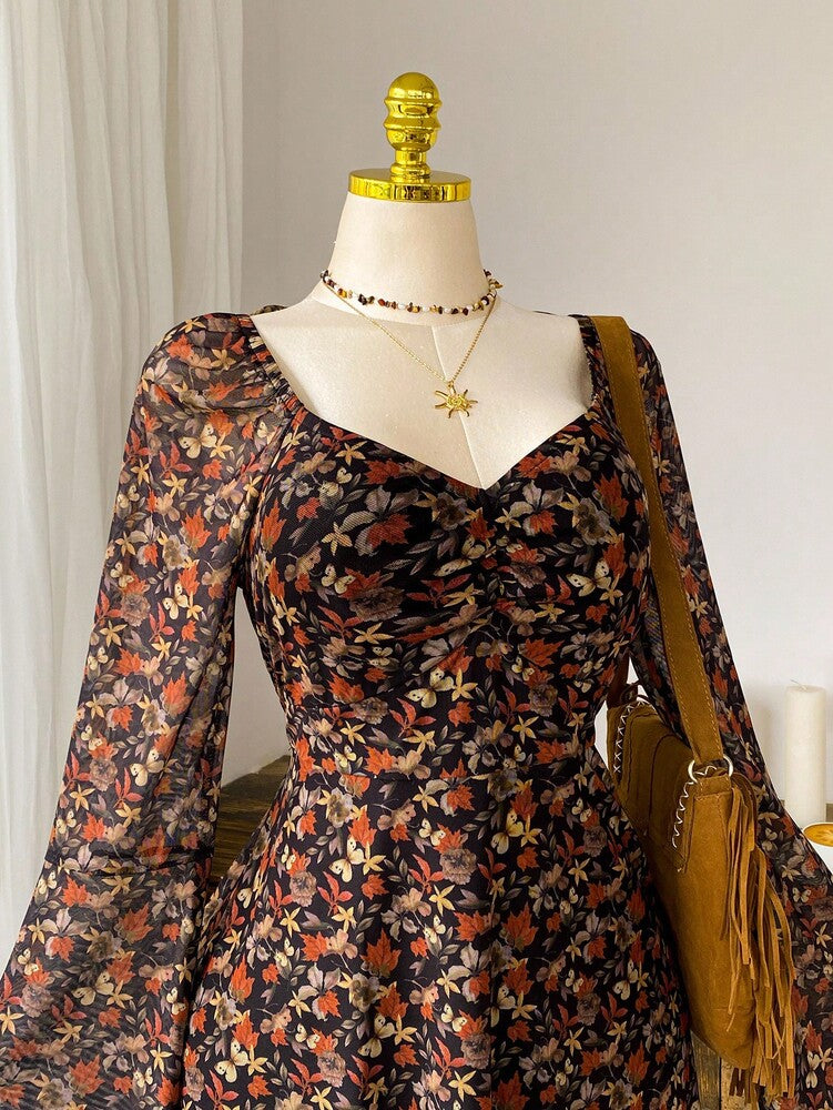 Plus Size Women's Maple Leaf Print Long Sleeve Casual Dress Autumn Winter Fall Fashion Clothing Comfortable Daily Outfit Holiday Style