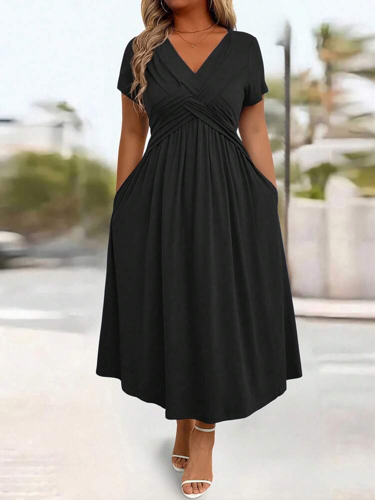 Plus Size Women's Solid Color V Neck Cinched Waist Sundress Casual Sleeveless Summer Dress Fashion Outfit Comfortable Daily Wear Style