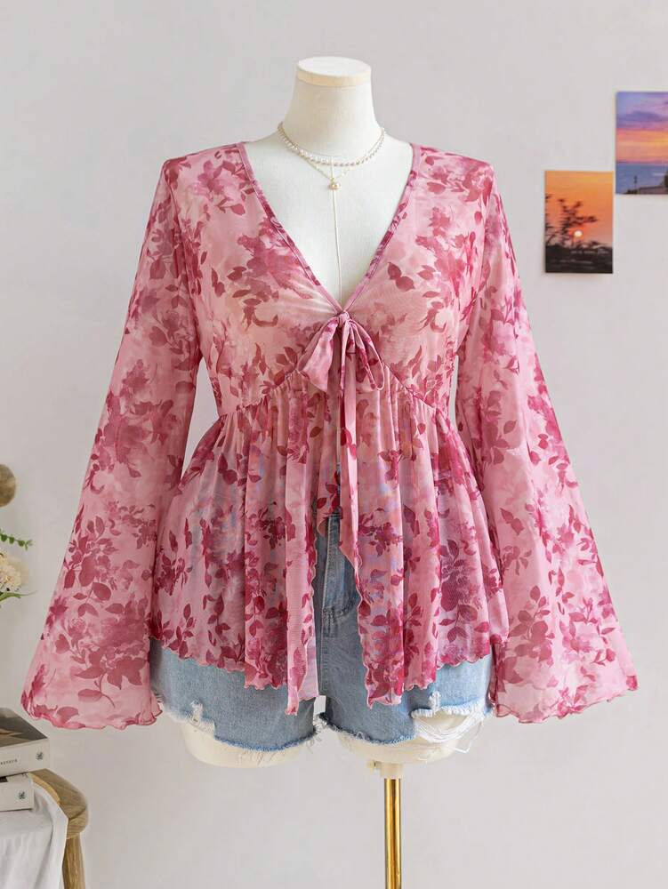 Plus Size Women's Floral Print Mesh Cardigan With Cinched Waist Bell Sleeve Casual Vacation Outfit Fall Winter Holiday Clothing Fashion