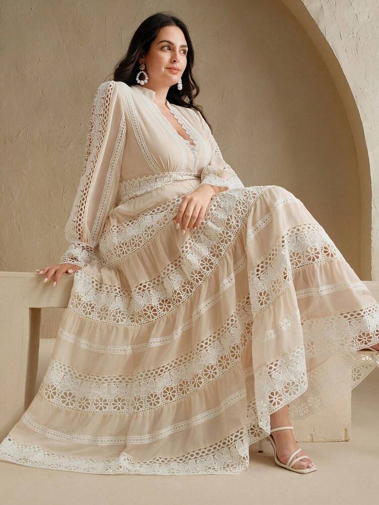 Plus Size Women's Hollow Lace Patchwork Floral Maxi Dress Romantic Elegant French Palace Style Spring Festival Holiday Fashion Outfit