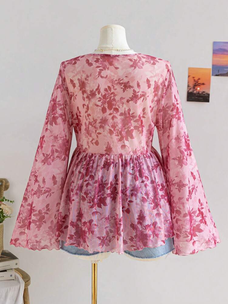 Plus Size Women's Floral Print Mesh Cardigan With Cinched Waist Bell Sleeve Casual Vacation Outfit Fall Winter Holiday Clothing Fashion