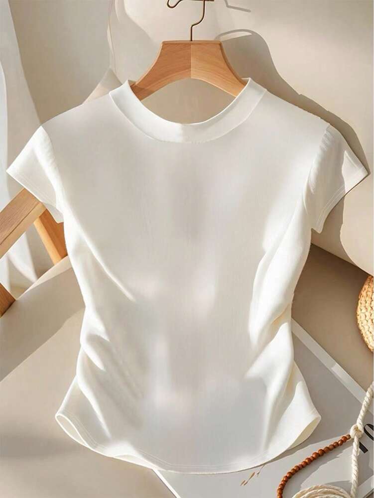 Plus Size Women's Solid Color Button Front Ruffle Hem Short Sleeve T Shirt Casual Summer Blouse Comfortable Fashion Outfit For Ladies