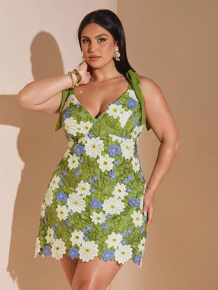 Plus Size Women's Green Floral Embroidered Lace Mini Dress Sleeveless Shoulder Strap Romantic Elegant Outfit Wedding Vacation Summer Wear
