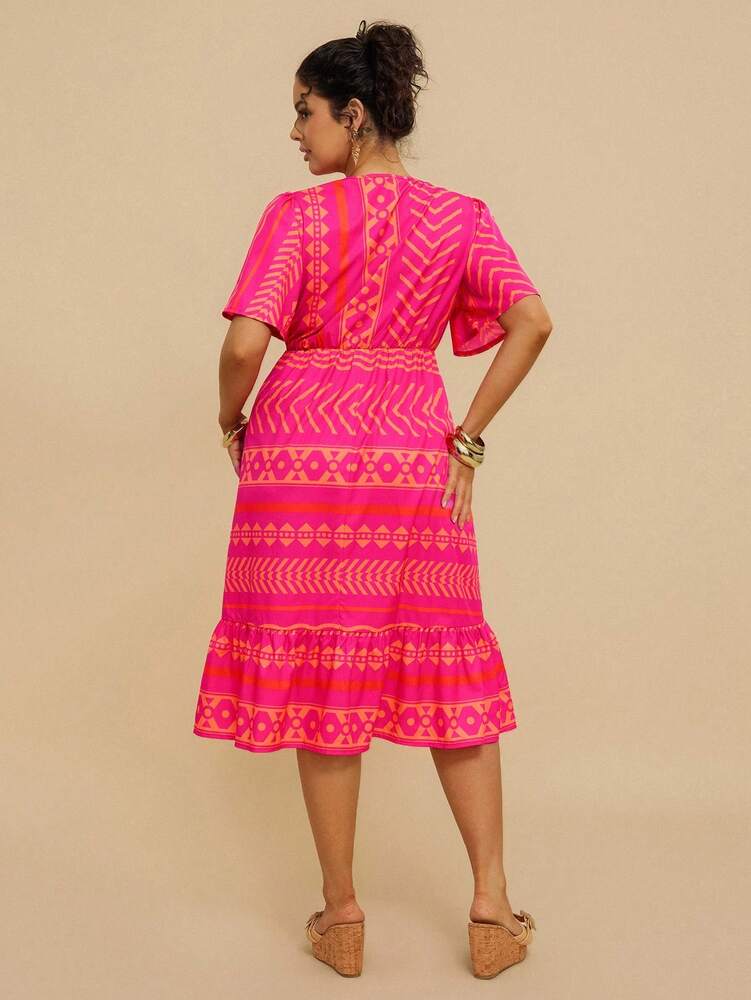 Plus Size Women's Striped Rose Red V Neck Midi Dress Ruched Waist A Line Casual Vacation Resort Wear Boho Chic Summer Holiday Outfit