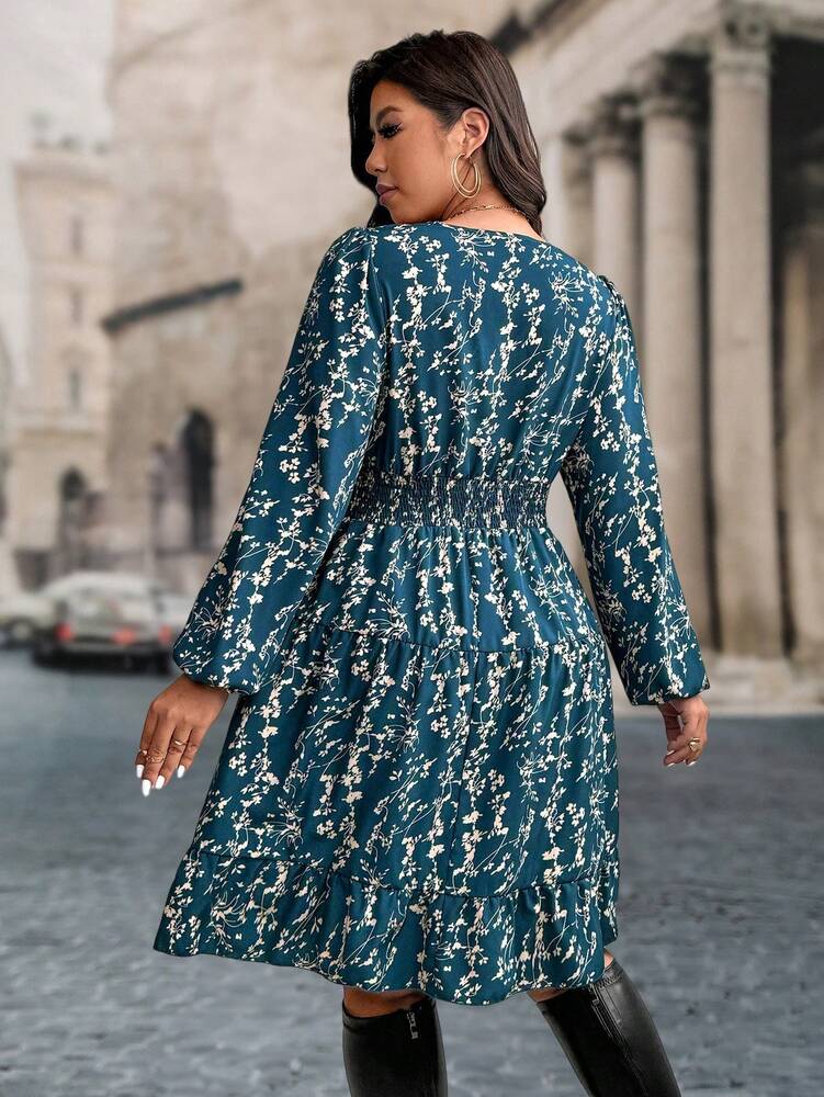 Plus Size Women's Floral Print Long Sleeve Ruffle Hem Dress Casual Autumn Fashion Outfit Comfortable Elegant Clothing For Fall Winter