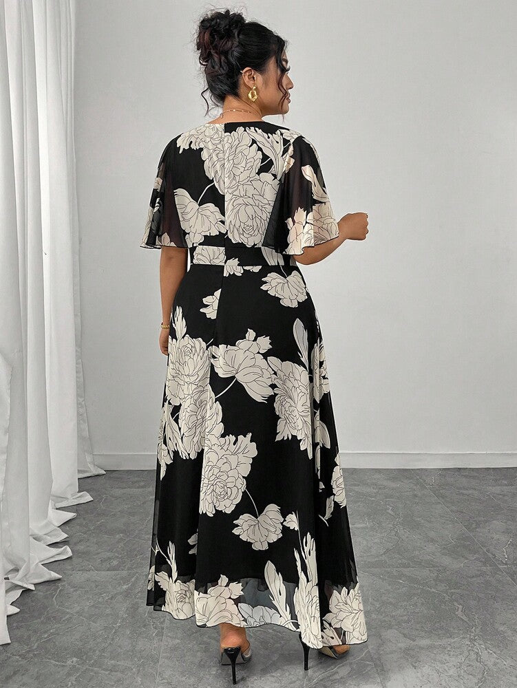 Plus Size Women's Elegant Chiffon Maxi Dress Round Neck Ruffle Flare Sleeve Fitted Flowy Style Fashion Spring Summer Evening Outfit
