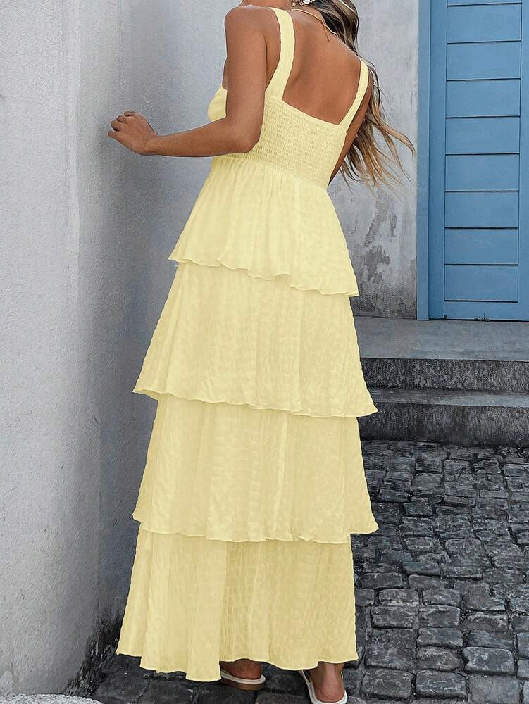 Plus Size Women's Solid Color Spaghetti Strap Ruffle Hem Dress Casual Vacation Style Wedding Guest Outfit Summer Elegant Fashion Wear