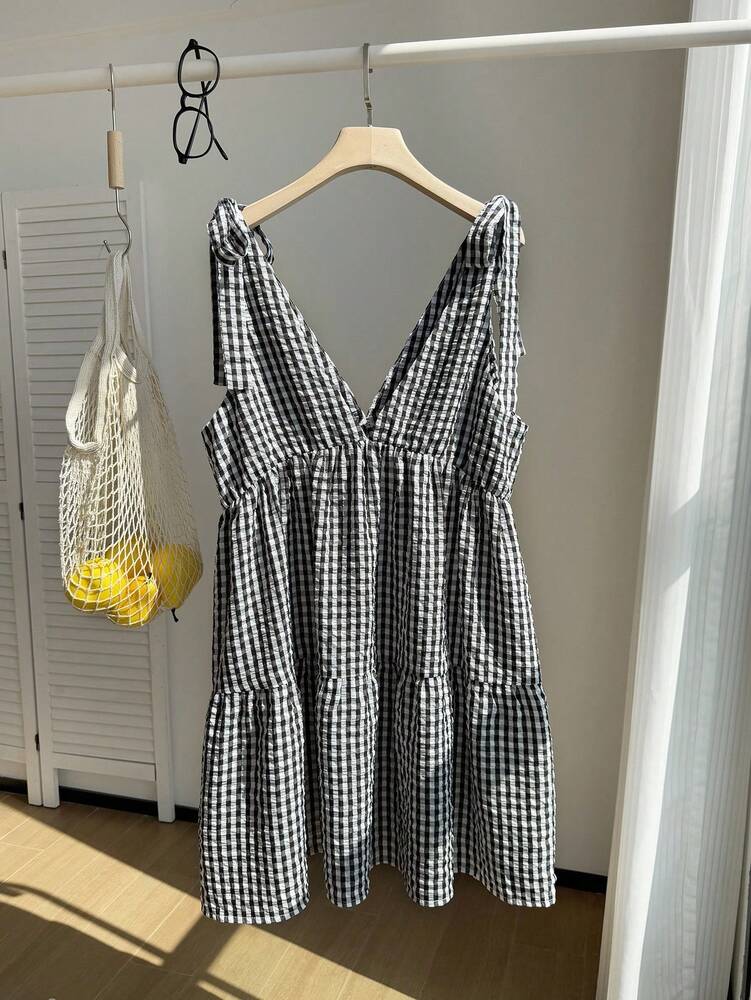 Plus Size Women's Black White Plaid V Neck Tie Front Casual Dress Babydoll Style Vacation Country Concert Work Teacher Office Outfit