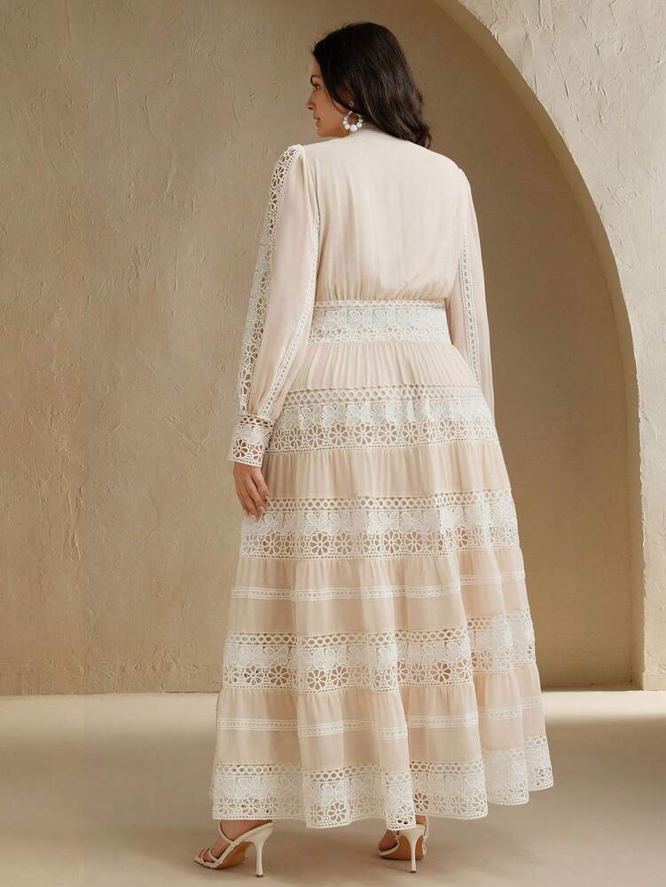 Plus Size Women's Hollow Lace Patchwork Floral Maxi Dress Romantic Elegant French Palace Style Spring Festival Holiday Fashion Outfit