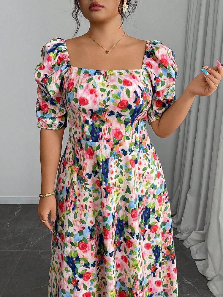 Plus Size Women's Printed A Line Dress Square Neck Puff Sleeve Ruched Hem Casual Elegant Style Comfortable Fashion Summer Outfit