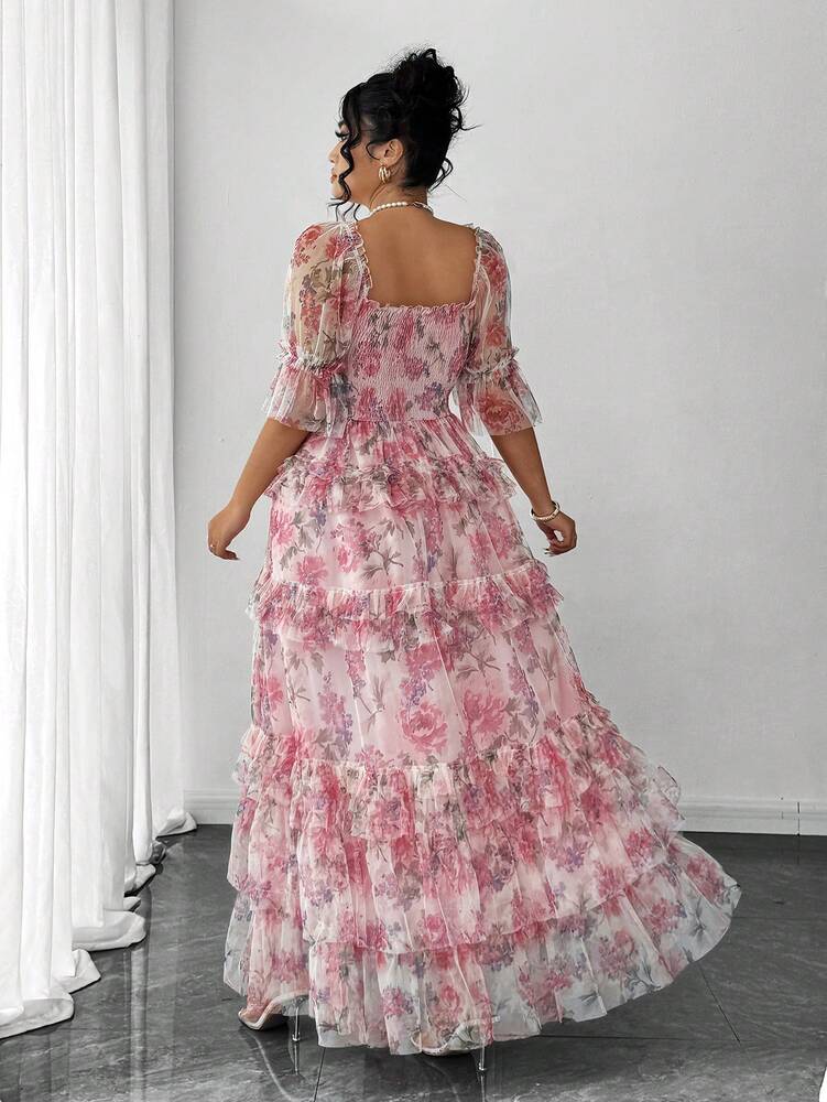 Plus Size Women's Romantic Floral Mesh Inlay Knitted Dress Elegant Sundress Casual Cocktail Party Birthday Spring Break Fashion Outfit