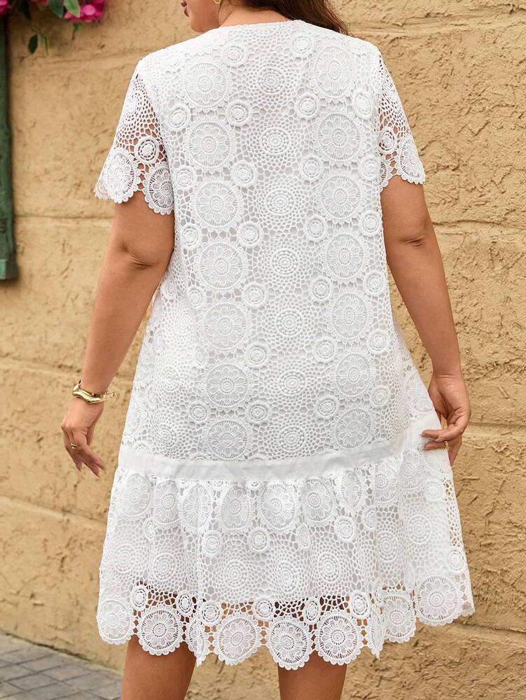 Plus Size Women's Lace Ruffle Hem A Line Dress Round Neck Short Sleeve Elegant Formal Gown Party Prom Wedding Guest Outfit Vacation Wear