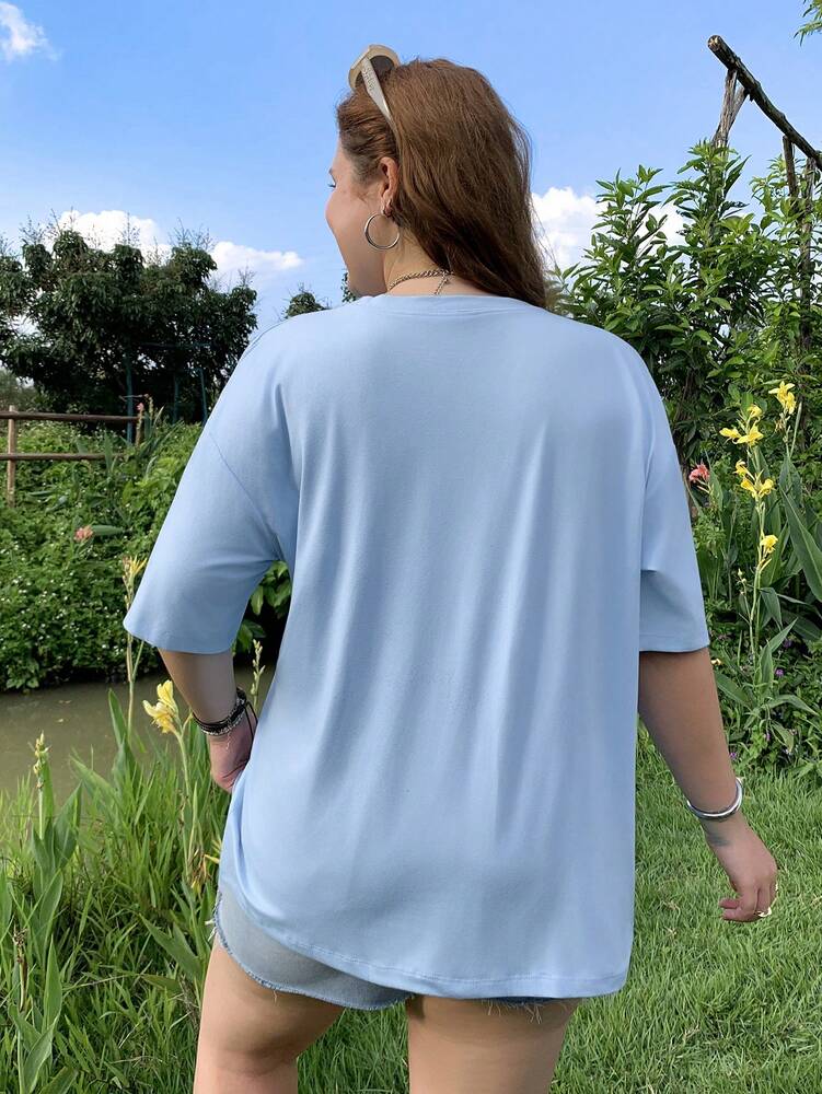 Plus Size Women's Letter Embroidery Drop Shoulder Tee Casual Loose Fit Short Sleeve Summer Top Fashionable Everyday Outfit For Ladies