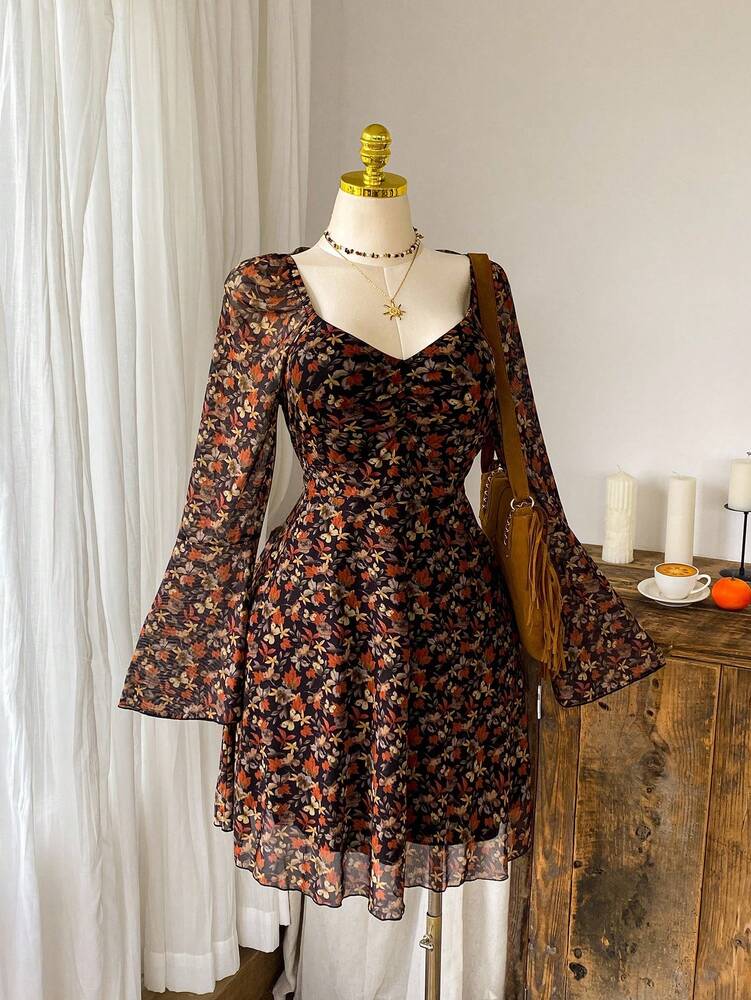 Plus Size Women's Maple Leaf Print Long Sleeve Casual Dress Autumn Winter Fall Fashion Clothing Comfortable Daily Outfit Holiday Style