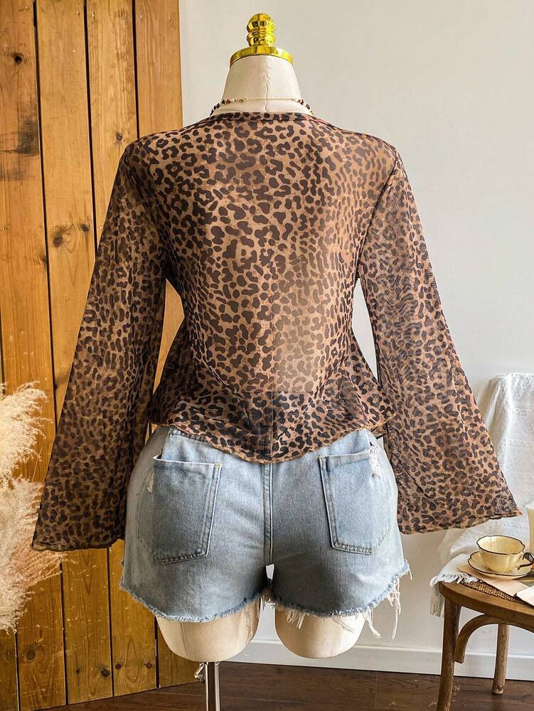 Plus Size Women's Vintage Leopard Print Puff Sleeve Crew Neck Top Casual Autumn Winter Fashion Blouse Comfortable Fall Clothing Outfit