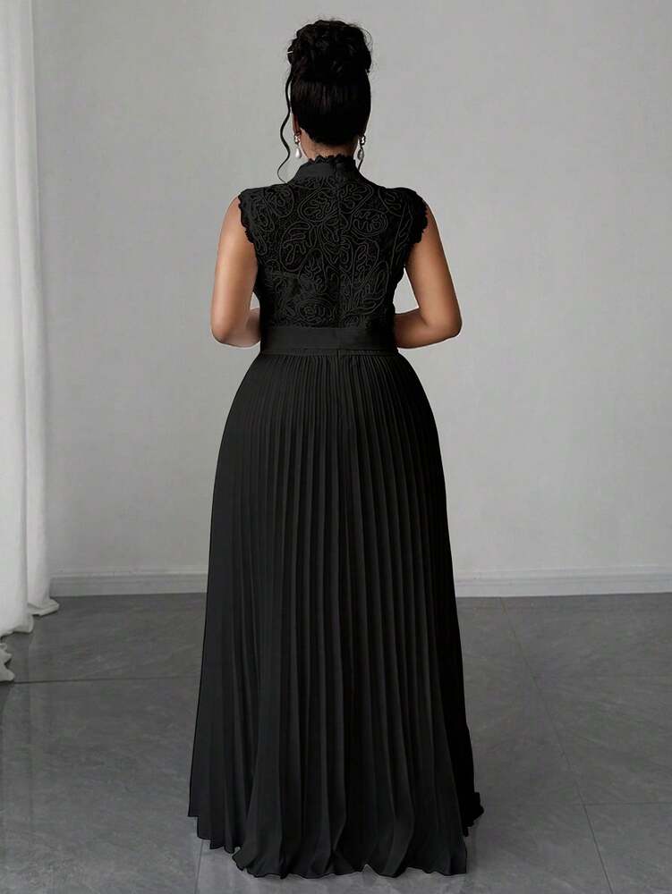 Plus Size Women's Contrast Lace Sleeveless Dress Pleated Hem Elegant Waist Casual Summer Evening Party Wear Clothing Vacation Style