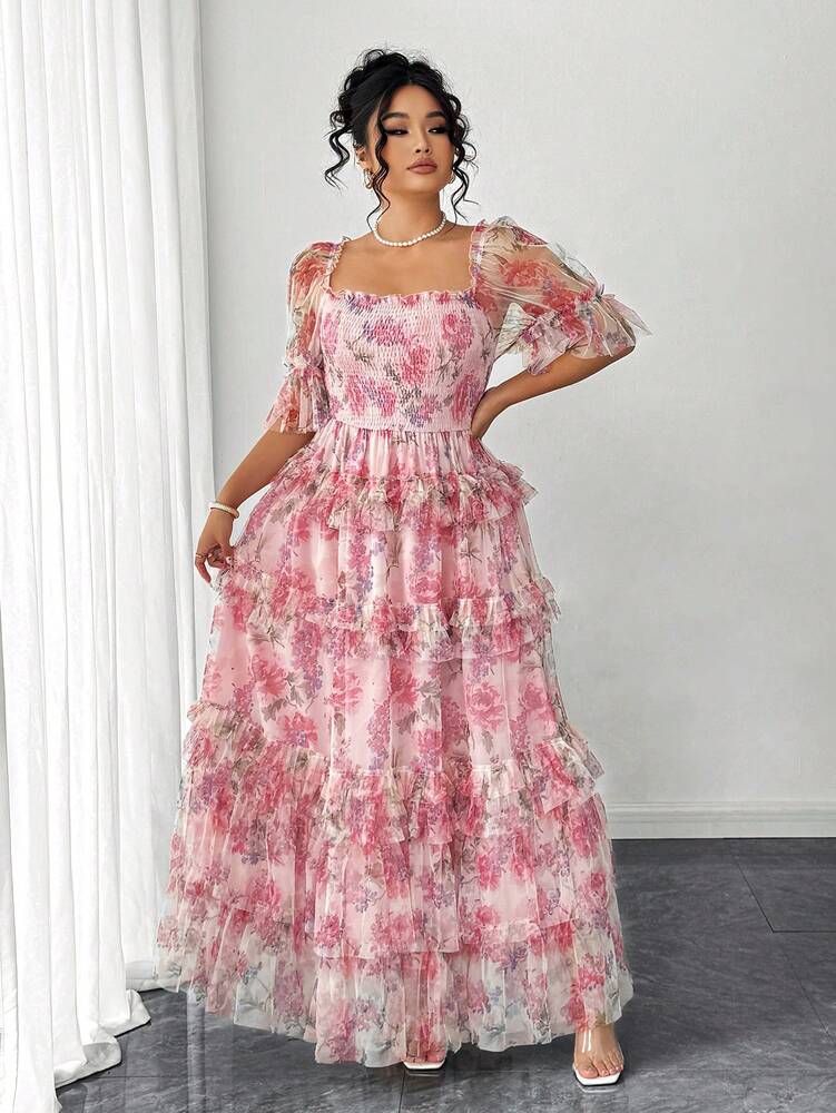 Plus Size Women's Romantic Floral Mesh Inlay Knitted Dress Elegant Sundress Casual Cocktail Party Birthday Spring Break Fashion Outfit