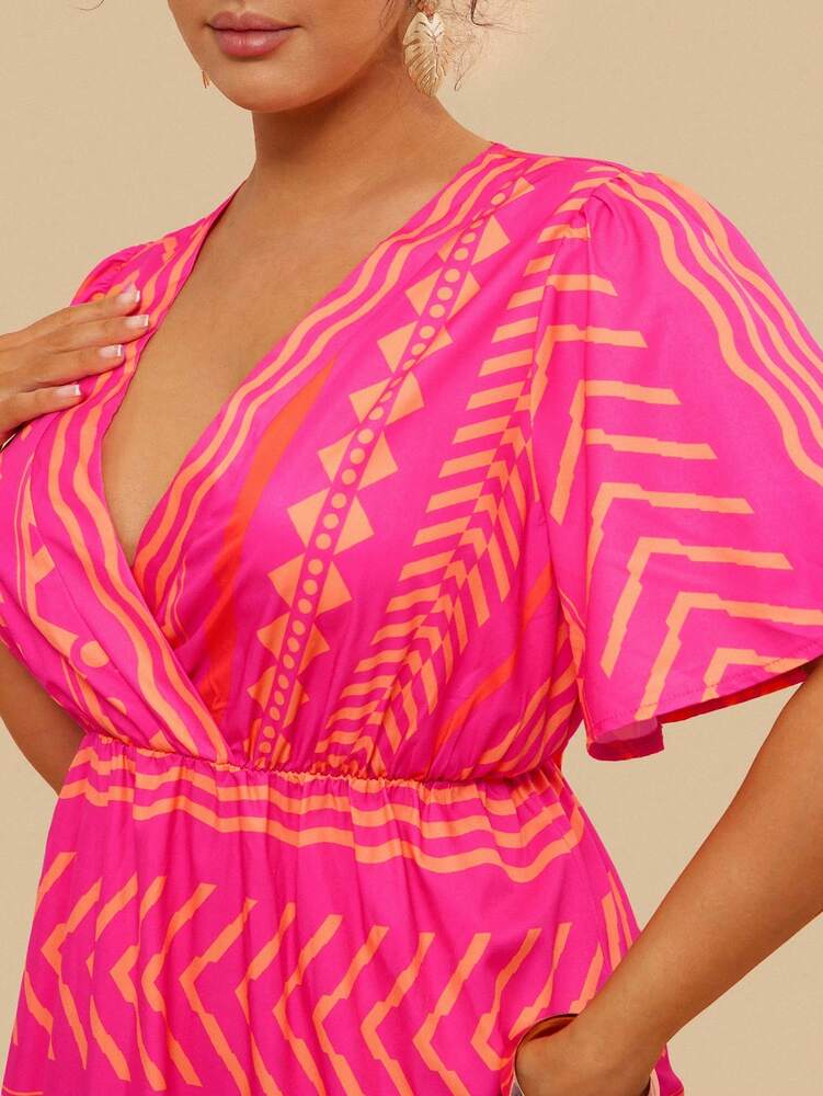 Plus Size Women's Striped Rose Red V Neck Midi Dress Ruched Waist A Line Casual Vacation Resort Wear Boho Chic Summer Holiday Outfit
