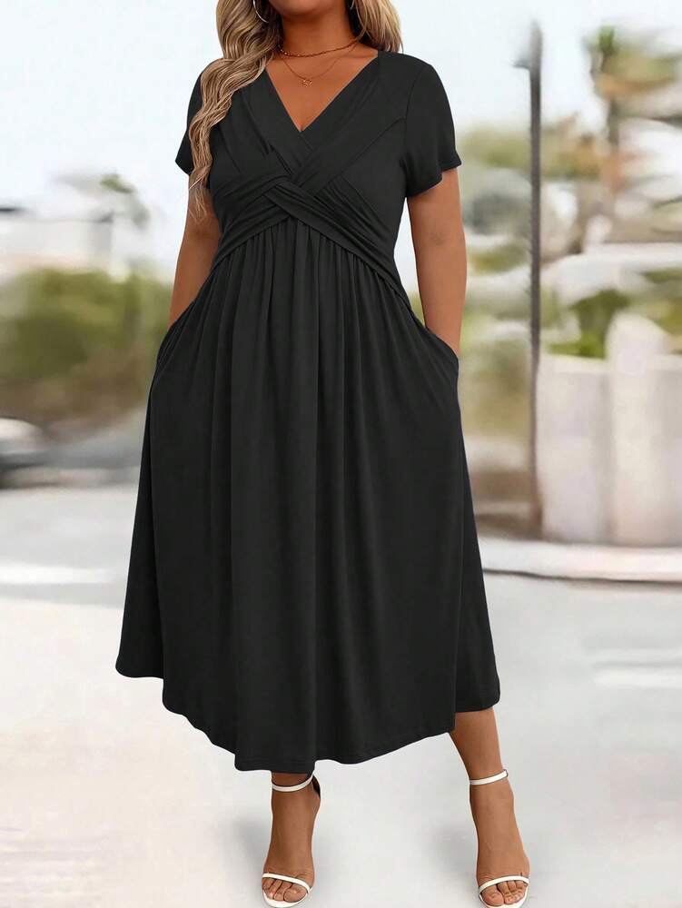 Plus Size Women's Solid Color V Neck Cinched Waist Sundress Casual Sleeveless Summer Dress Fashion Outfit Comfortable Daily Wear Style