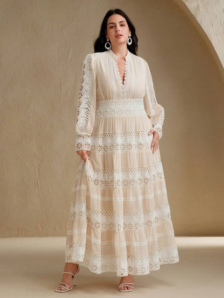 Plus Size Women's Hollow Lace Patchwork Floral Maxi Dress Romantic Elegant French Palace Style Spring Festival Holiday Fashion Outfit